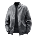 Men's grey faux leather bomber jacket featuring a stand collar and ribbed trim detail - M / Grey Thin Style