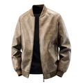 Men's retro brown faux leather bomber jacket with stand collar and ribbed cuffs - M / Coffee Thin