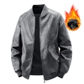 Men's gray PU leather jacket with stand collar and warm lining shown on white background - M / Grey Fleece Style