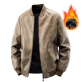 Men's tan distressed PU leather bomber jacket with warm fleece lining and ribbed stand collar - M / Coffee Fleece Lined