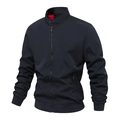 Slim fit men's casual stand collar jacket in navy blue with red inner collar accents - M / Navy Blue