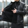 Men's black faux leather motorcycle jacket with stand collar and zipper closure - L / Black Fleece Lined
