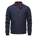 Men's dark blue casual jacket with red inner collar and stylish silver zippers - M / Navy Blue