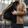 Men's casual brown PU leather motorcycle jacket with stand collar and zipper detail - L / Khaki Fleece
