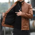 Brown faux leather motorcycle jacket for men with stand collar and zipper closure - L / Khaki Fleece-lined