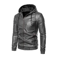 Chaqueta de cuero PU gris oscuro para hombre con capucha, puños acanalados y cinta tricolor - M / Gris