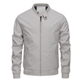 Men's casual light gray bomber jacket with a stand collar and metallic zipper design - M / White