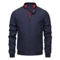 Men's navy casual jacket with red lining featuring stand collar and ribbed cuffs - M / Navy Blue