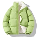 Green stand collar warm winter puffer jacket with thick white sherpa fleece lining inside - M / Fruit Green