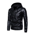 Chaqueta de cuero PU negro para hombre con capucha, cordón y puños elásticos - M / Negro