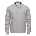 Men's casual light gray stand collar jacket with sleek metal zipper and ribbed cuffs - M / White