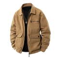 Men's khaki corduroy jacket with zip closure, lapel collar and multiple utility pockets - M / Khaki