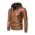 Chaqueta de hombre en cuero sintético marrón con capucha, cremallera y puños elásticos - M / Amarillo