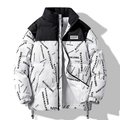 Men's stylish black and white stand collar puffer jacket with all-over letter printing - S / White
