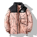 Pink and black color-block padded jacket for teens featuring all-over graphic print - S / Pink