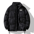 Men's black puffer jacket with all-over letter print and stand collar for winter - S / Black