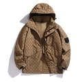 Outdoor light brown jacket for men featuring all-over monogram pattern and hooded design - XS / Coffee