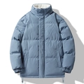 Men's blue puffer jacket with white fleece collar and drawstring hem for winter - Blue