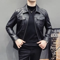 Herren Slim Fit schwarze PU-Lederjacke mit Reverskragen und gestepptem Baumwollfutter - M / Dünner Stil