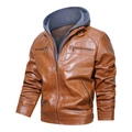 Veste de moto marron foncé pour homme en similicuir avec une capuche grise amovible - S / Brun Foncé