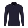 Classic dark blue long sleeve cotton polo shirt for men with a ribbed collar and button front - S / Navy Blue