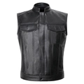 Mens black motorcycle leather vest with stand collar and front pockets on white background - S / Black