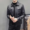 Heren slim fit zwart PU-lederen jack met gewatteerde voering en klassieke kraag - M / Gevoerd