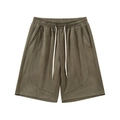 Men's olive faux suede casual shorts with elastic drawstring waist and curved stitching - L / Army Green