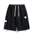 Men's casual black sports shorts with drawstring waist and vintage varsity patches - M / Black