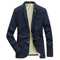 Schmal geschnittene dunkelblaue Denim-Sakko-Jacke mit Revers und gemustertem Futter - M / Vintage-Blau