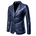 Navy blue faux leather blazer jacket for men with classic notched lapels and slim fit cut - M / Dark Blue