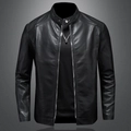 Chaqueta de moto ajustada de cuero sintético negro para hombre con cuello alto - M / Estilo Delgado (Negro)