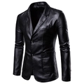 Classic men's black PU leather blazer jacket with notched lapel and two-button closure - M / Black