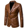 Slim fit men's caramel brown faux leather suit jacket with notched lapel and two buttons - M / Earthy Yellow