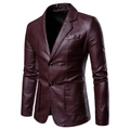 Men's slim fit PU leather suit jacket in deep wine red with button closure - M / Burgundy