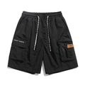 Men's black cargo shorts with elastic drawstring waist and street sports print details - Black
