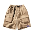 Men's khaki cargo shorts with elastic waist and quick-release buckle belt on white background - S / Khaki (DK3310)