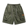 Men's olive green cargo shorts with elastic drawstring waist and side utility pockets - Forest Green