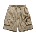 Men's khaki cargo shorts with elastic waist and street sports pockets in summer style - Khaki