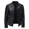 Herren Motorradjacke aus schwarzem Kunstleder mit Stehkragen und schmaler Passform - M / Schwarz