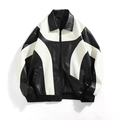 Retro Amerikaans zwart-wit patchwork kunstleren motorjack met geribbelde afwerkingen - S / Wit