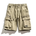 Classic khaki men's cargo shorts in twill cotton with drawstring waist and pockets - Khaki