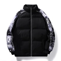 Men's loose puffer jacket with stand collar and purple paisley sleeve pattern - S / Black