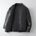 Men's black stand collar biker jacket with quilted lining and sleek leather texture - M / Black Padded