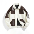 Herren PU-Lederjacke im Loose Fit Design mit kontrastierenden Farbblöcken und Polokragen - S / Weiß+Kaffee