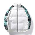 Men's loose white puffer jacket with streetwear print sleeves and stand collar - S / White