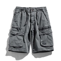 Men's Japanese style washed charcoal grey cargo shorts with drawstring waist and zip pockets - Gray