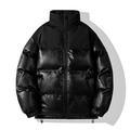 Schwarze Herren-Pufferjacke mit matten und glänzenden Ledereinsätzen und Stehkragen - S / Schwarz