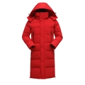Langer roter Winter-Puffer-Mantel mit Kapuze, winddichtem Stoff und paralleler Steppung - XXS / Rot