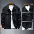 Men's heavy washed black denim jacket with classic lapel and cargo chest pockets - M / Black